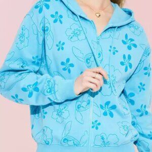 Disney Lilo & Stitch Blue Fleece Zip-Up Graphic Hoodie Sweatshirt - Size Medium